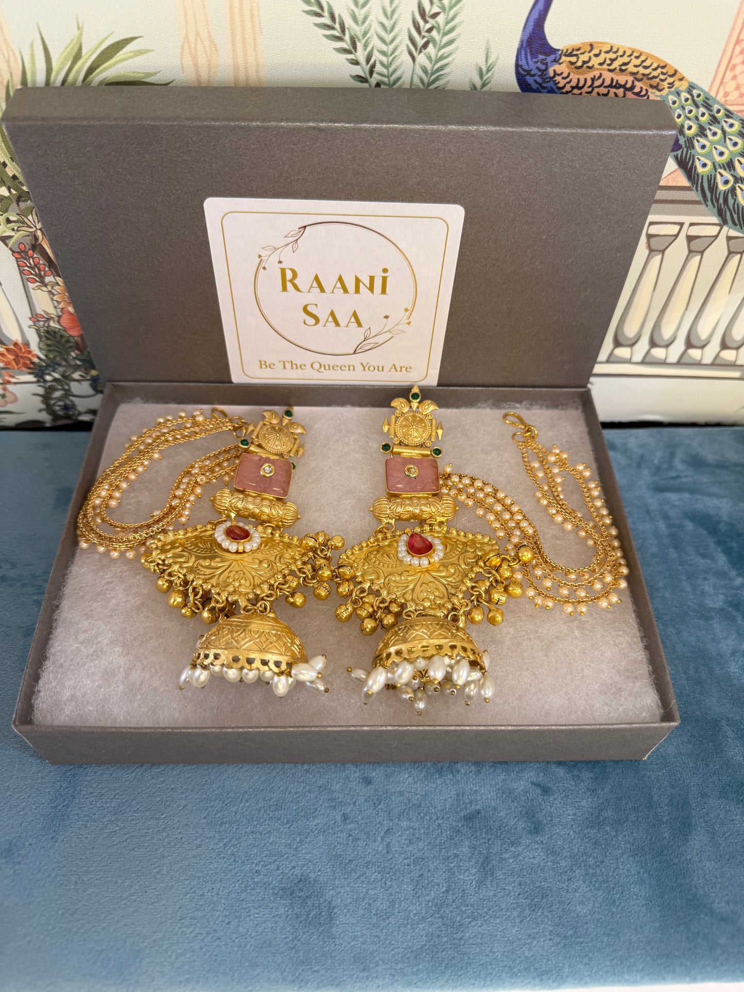 RC- 002 Pink monalisa golden replica Jhumka with earchain