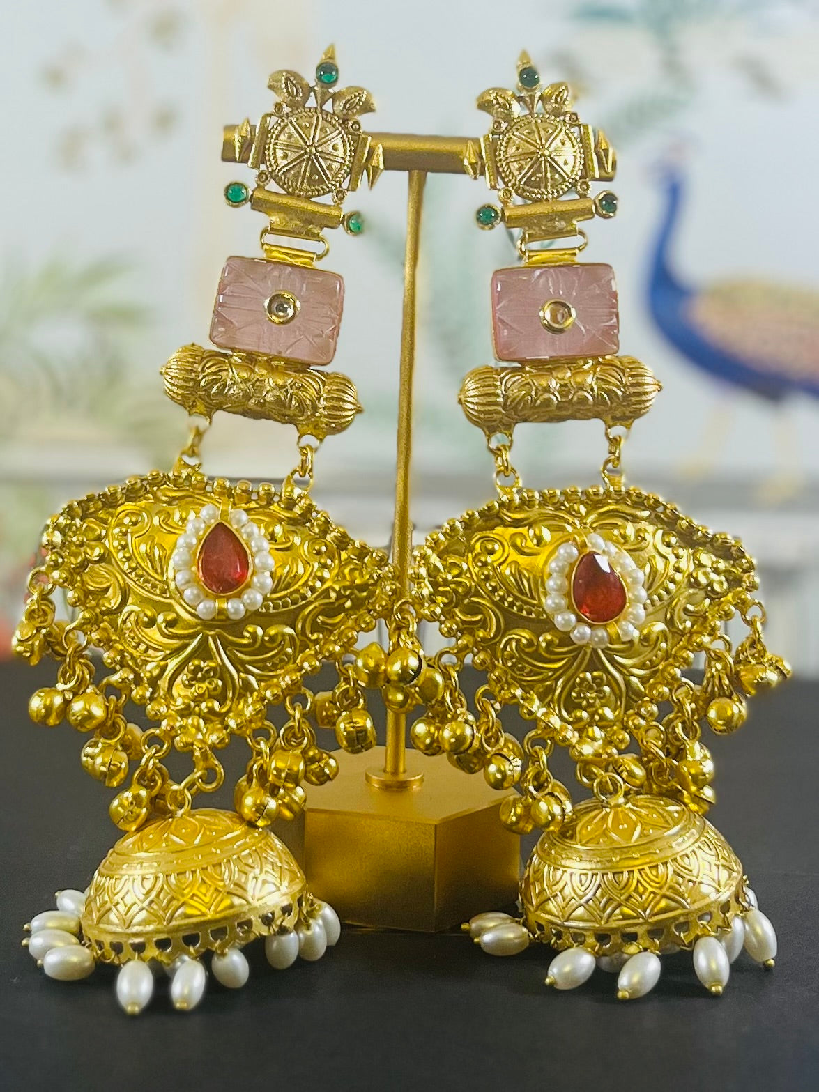 RC- 002 Pink monalisa golden replica Jhumka with earchain