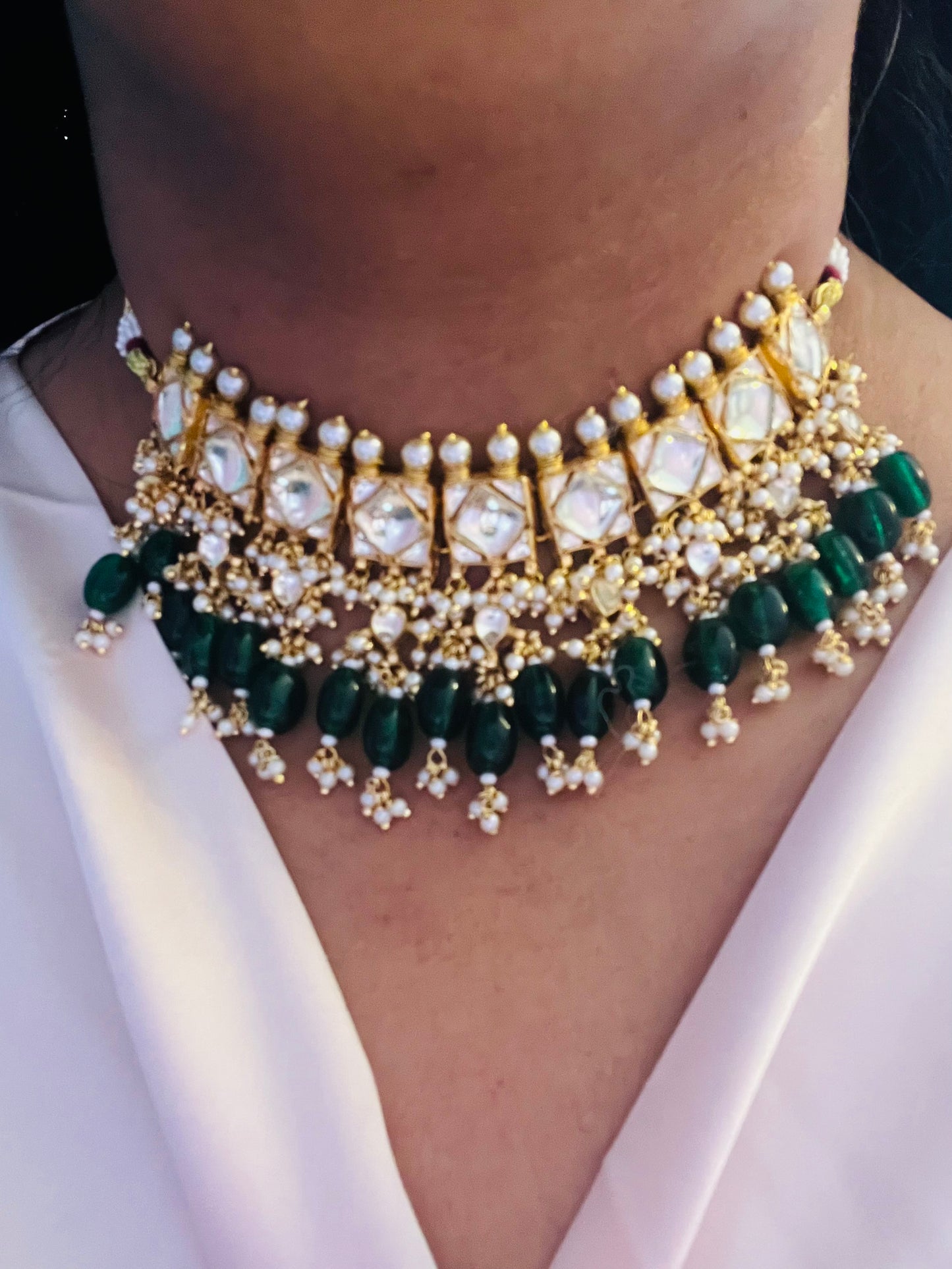 Aadya- Real kundan choker in green