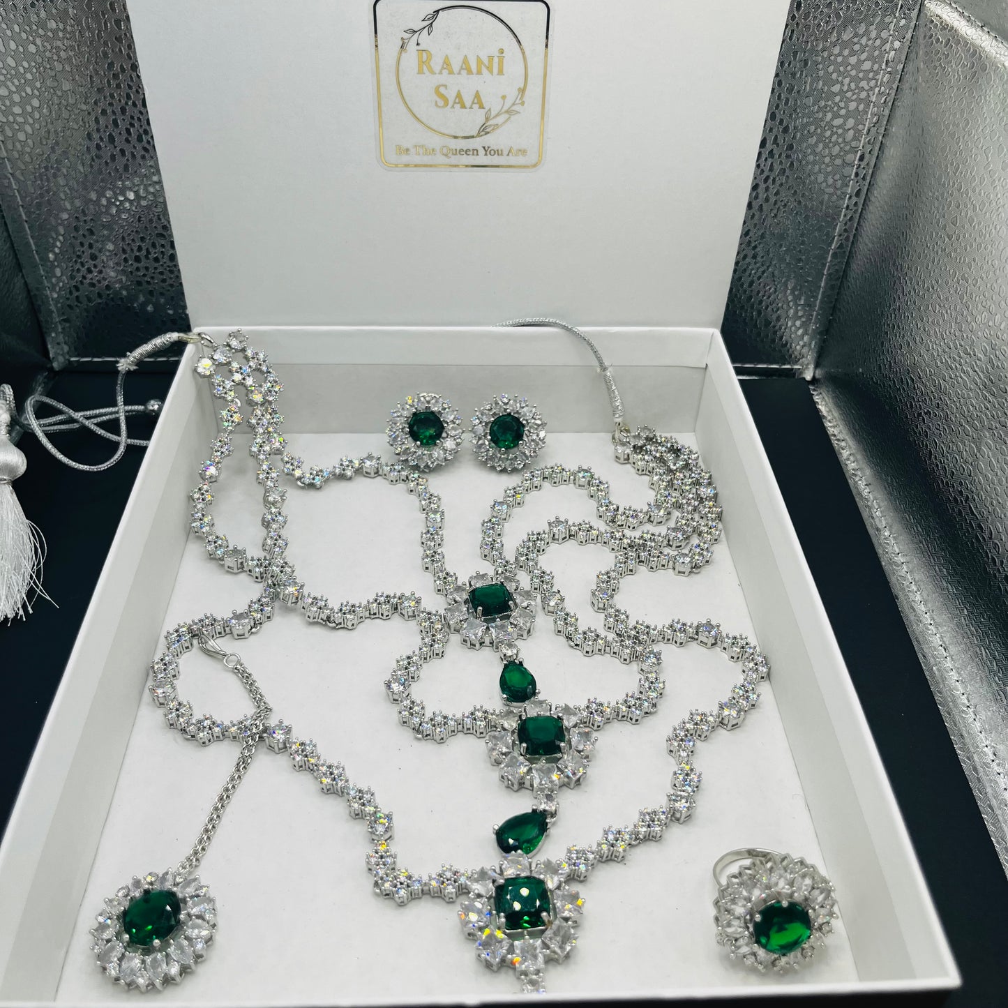 3 layer AD long necklace with ring and mangtika
