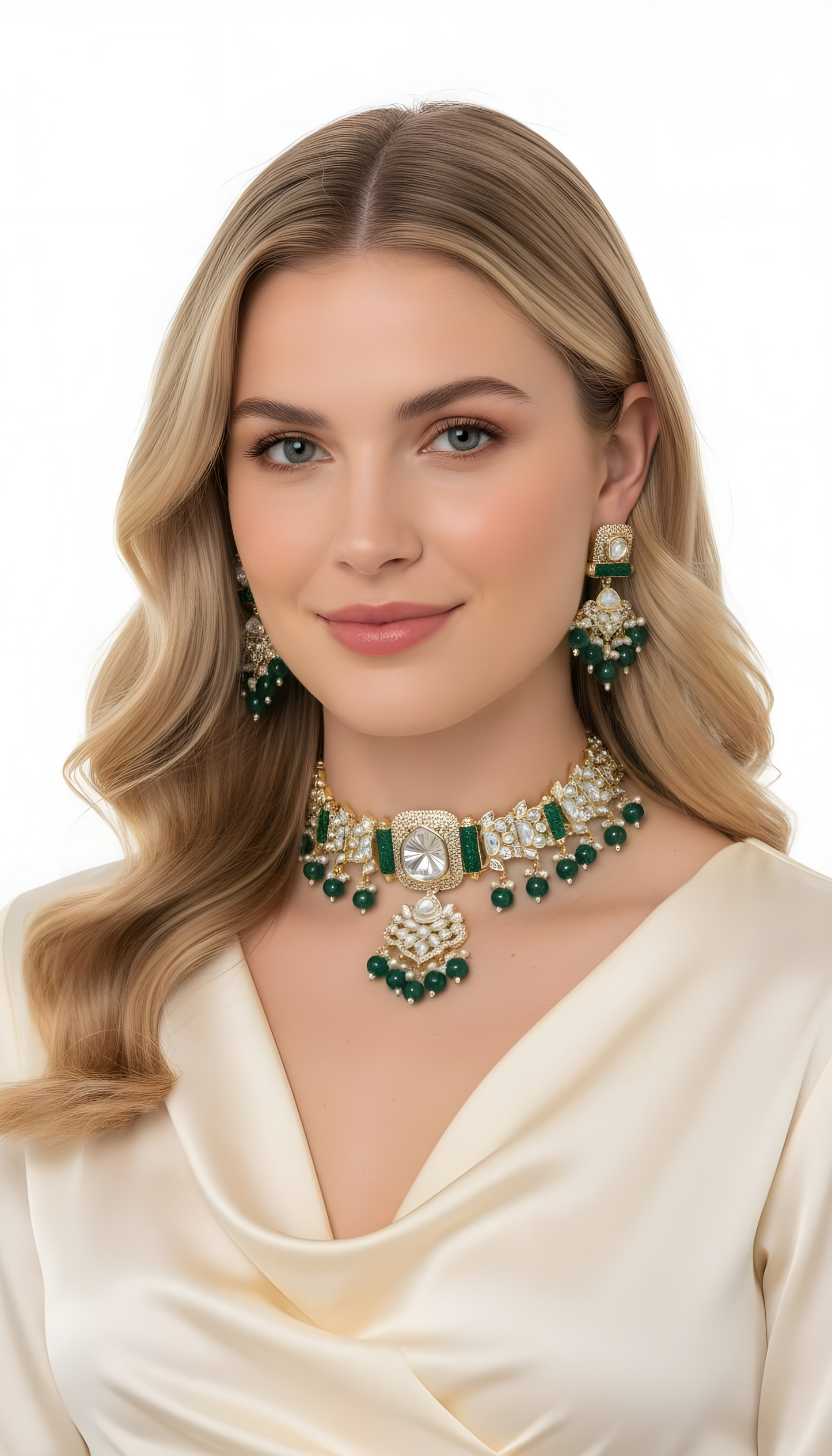 Aadya- Moissanite stone classy choker in green