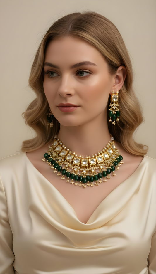 Aadya- Real kundan choker in green