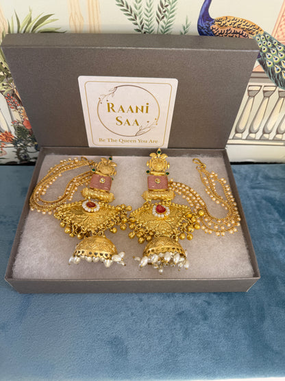 RC- 002 Pink monalisa golden replica Jhumka with earchain