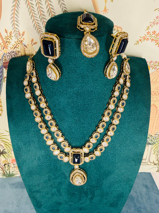 2 layer kundan and blue stone with tikka