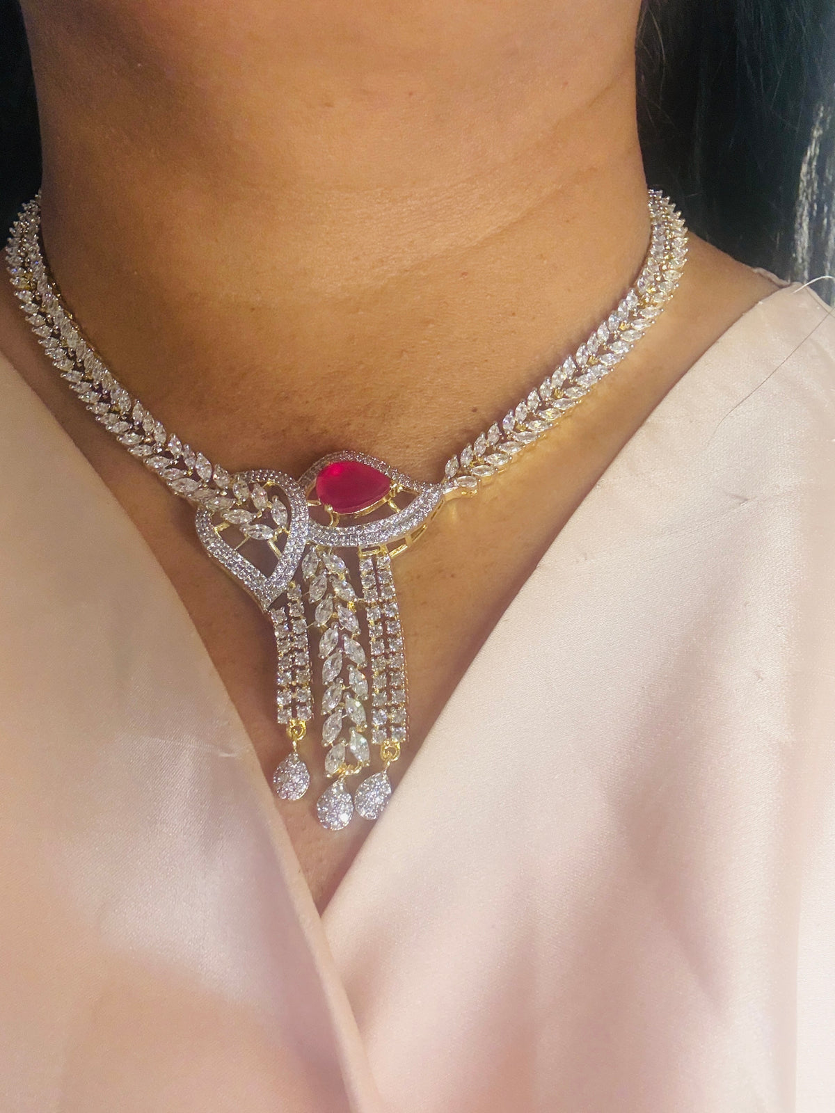 Necklace set red gemstone and cubic zirconia- next to real