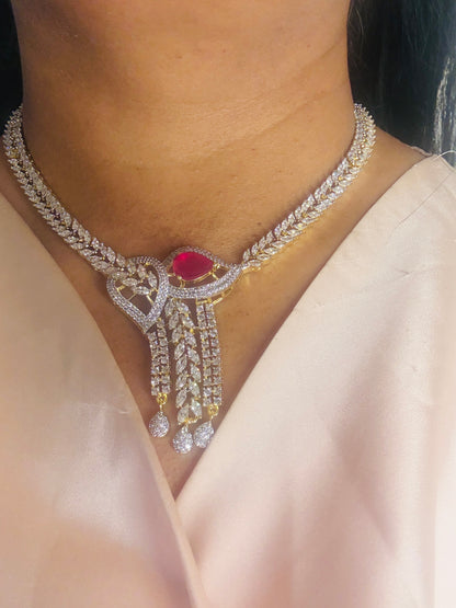 Necklace set red gemstone and cubic zirconia- next to real