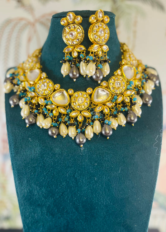 Heavy Kundan gray blue pearls