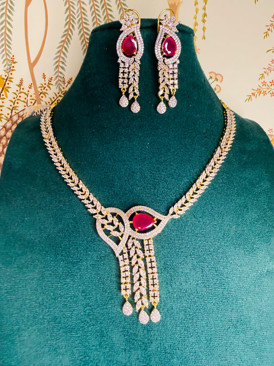 Necklace set red gemstone and cubic zirconia- next to real