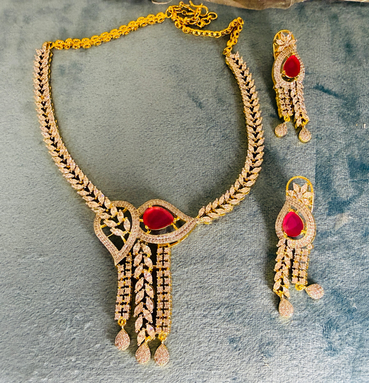 Necklace set red gemstone and cubic zirconia- next to real