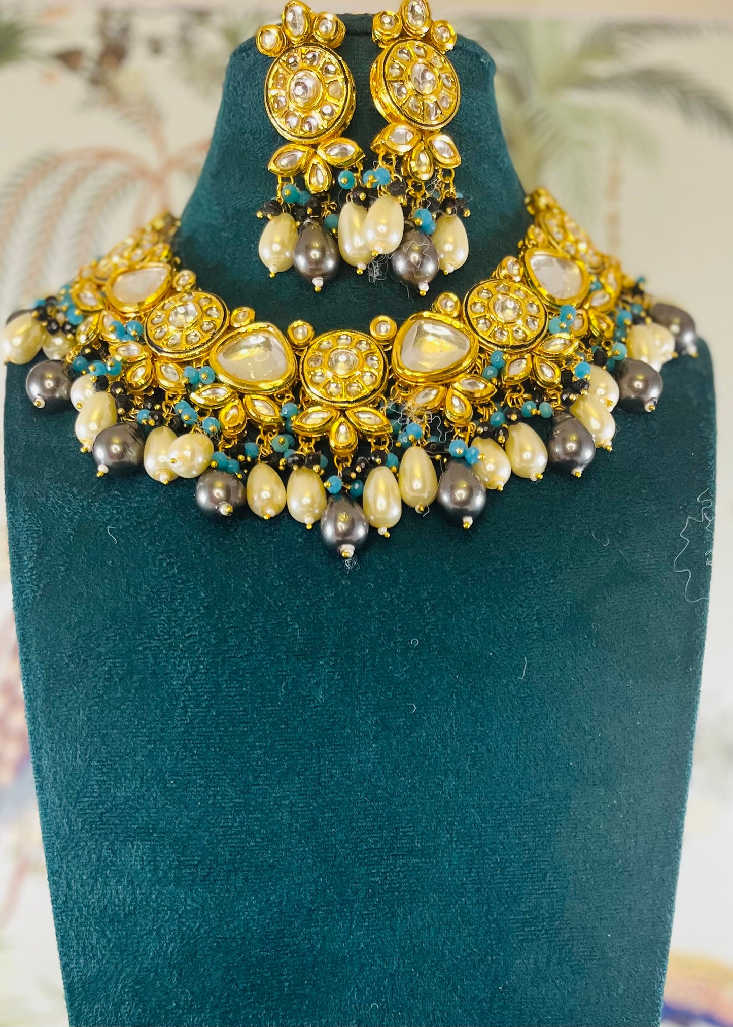 Heavy Kundan gray blue pearls