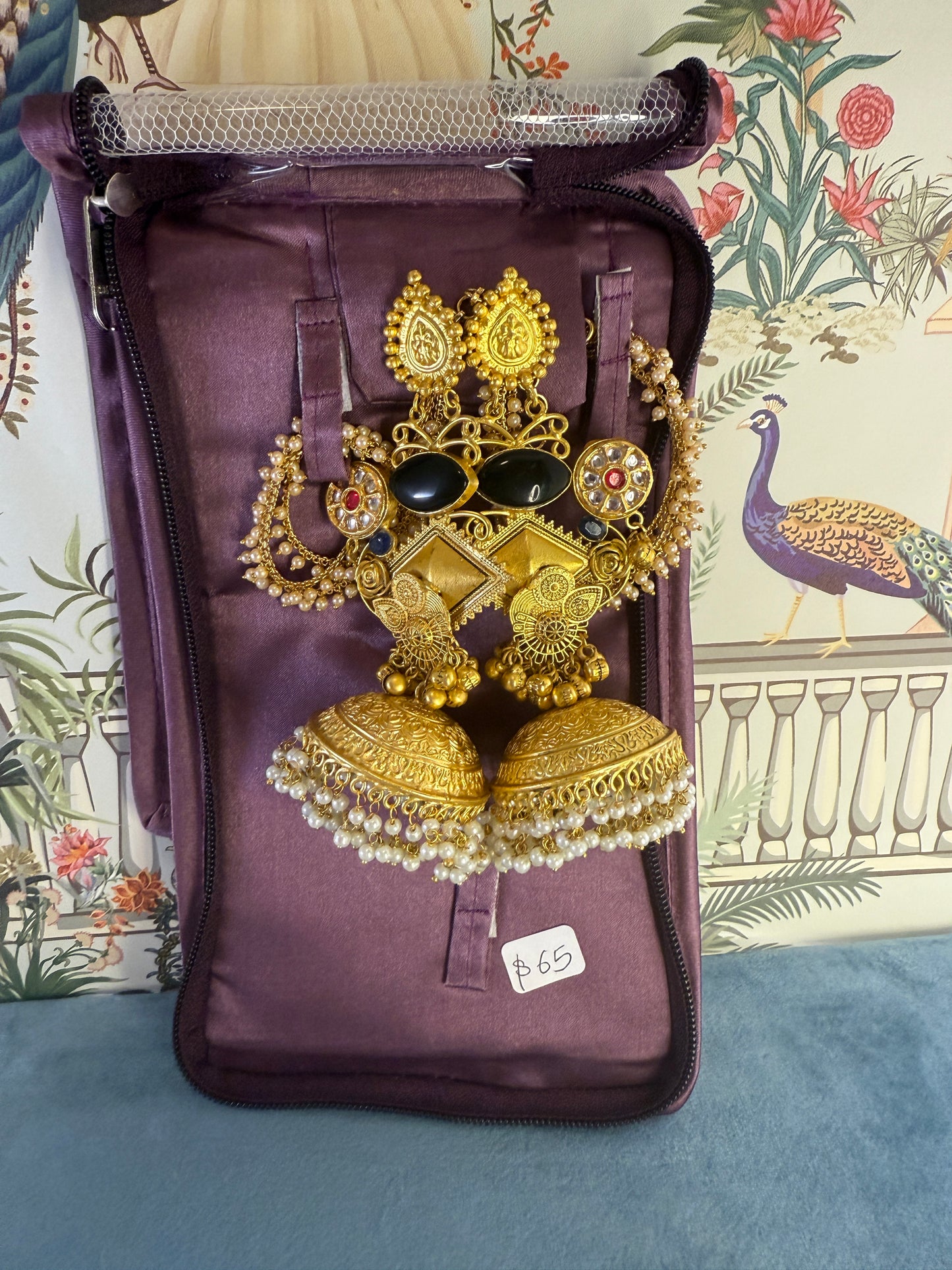 RC- 001 Monalisa stone golden replica Jhumka with earchain