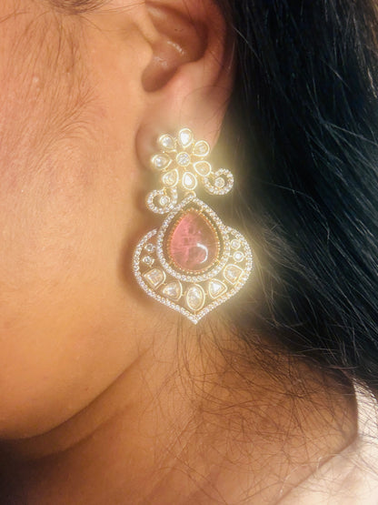 Pink kundan danglers