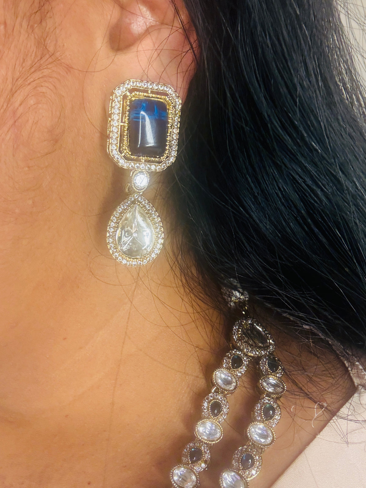 2 layer kundan and blue stone with tikka
