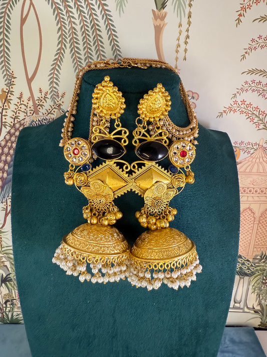 RC- 001 Monalisa stone golden replica Jhumka with earchain