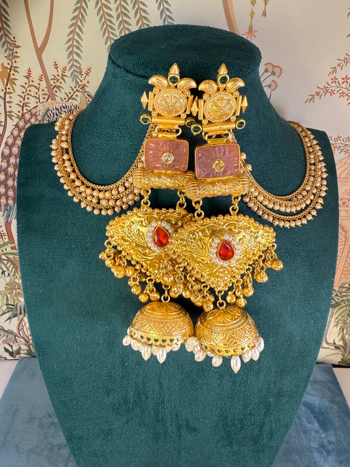 RC- 002 Pink monalisa golden replica Jhumka with earchain