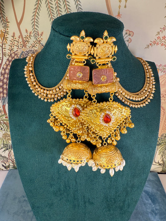 RC- 002 Pink monalisa golden replica Jhumka with earchain
