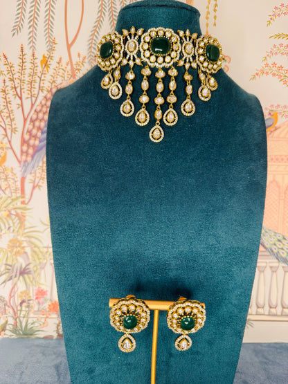Aabha- Waterfall pattern green stone set with earrings
