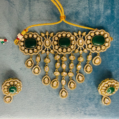 Aabha- Waterfall pattern green stone set with earrings