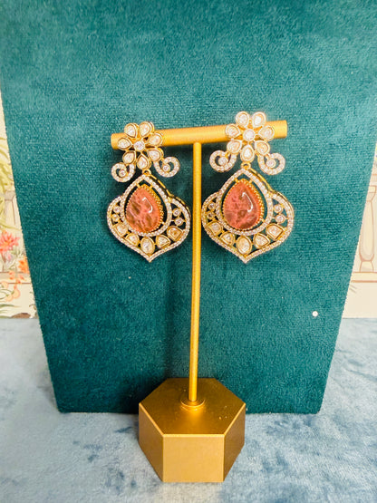 Pink kundan danglers