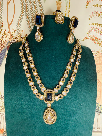 2 layer kundan and blue stone with tikka