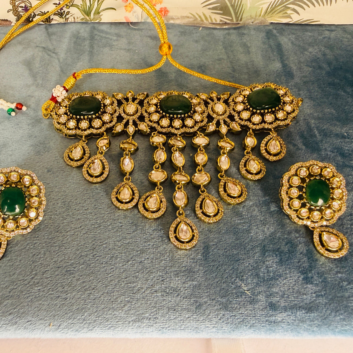 Aabha- Waterfall pattern green stone set with earrings