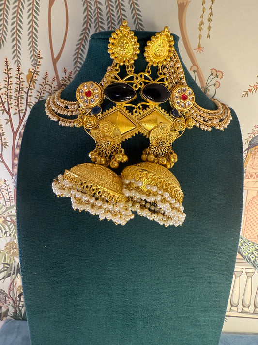 RC- 001 Monalisa stone golden replica Jhumka with earchain