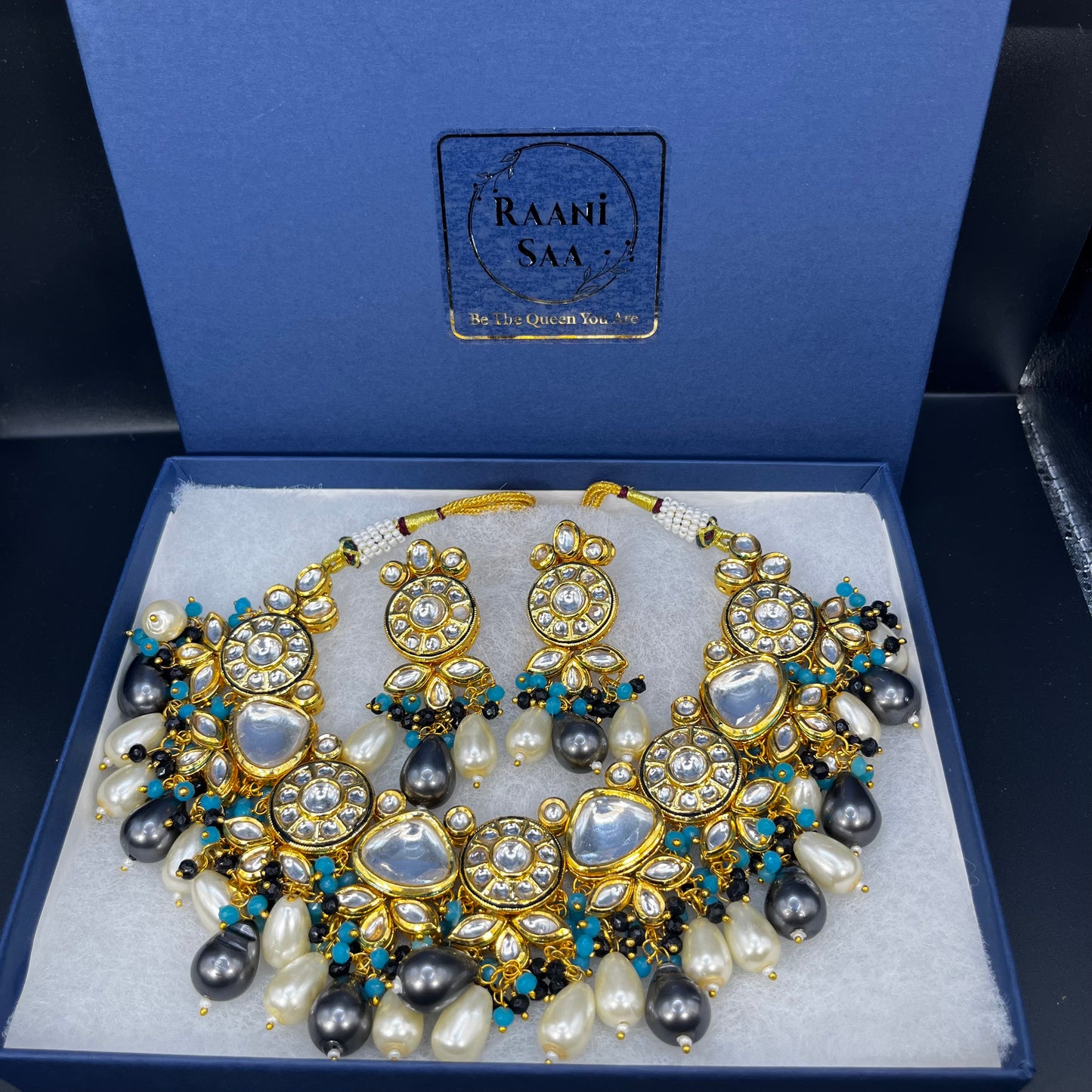 Heavy Kundan gray blue pearls