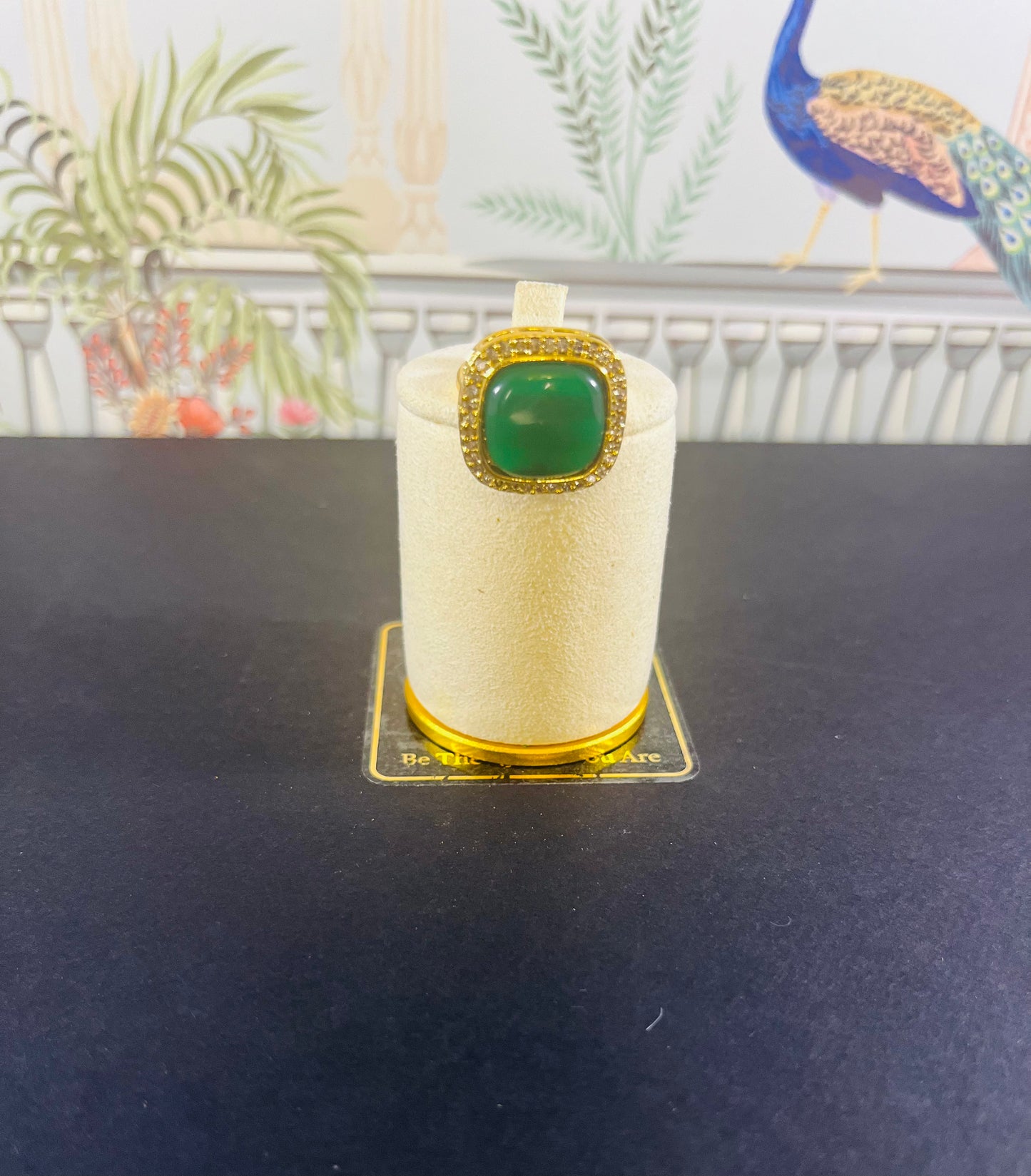 Cubic zirconia rings green glass stone