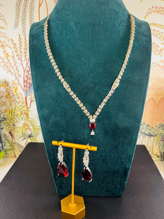 Necklace set red gemstone and cubic zirconia