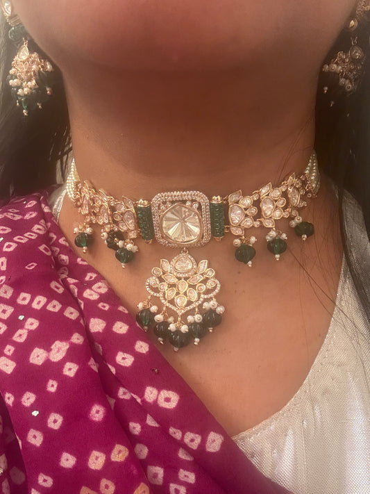 Aadya- Moissanite stone classy choker in green