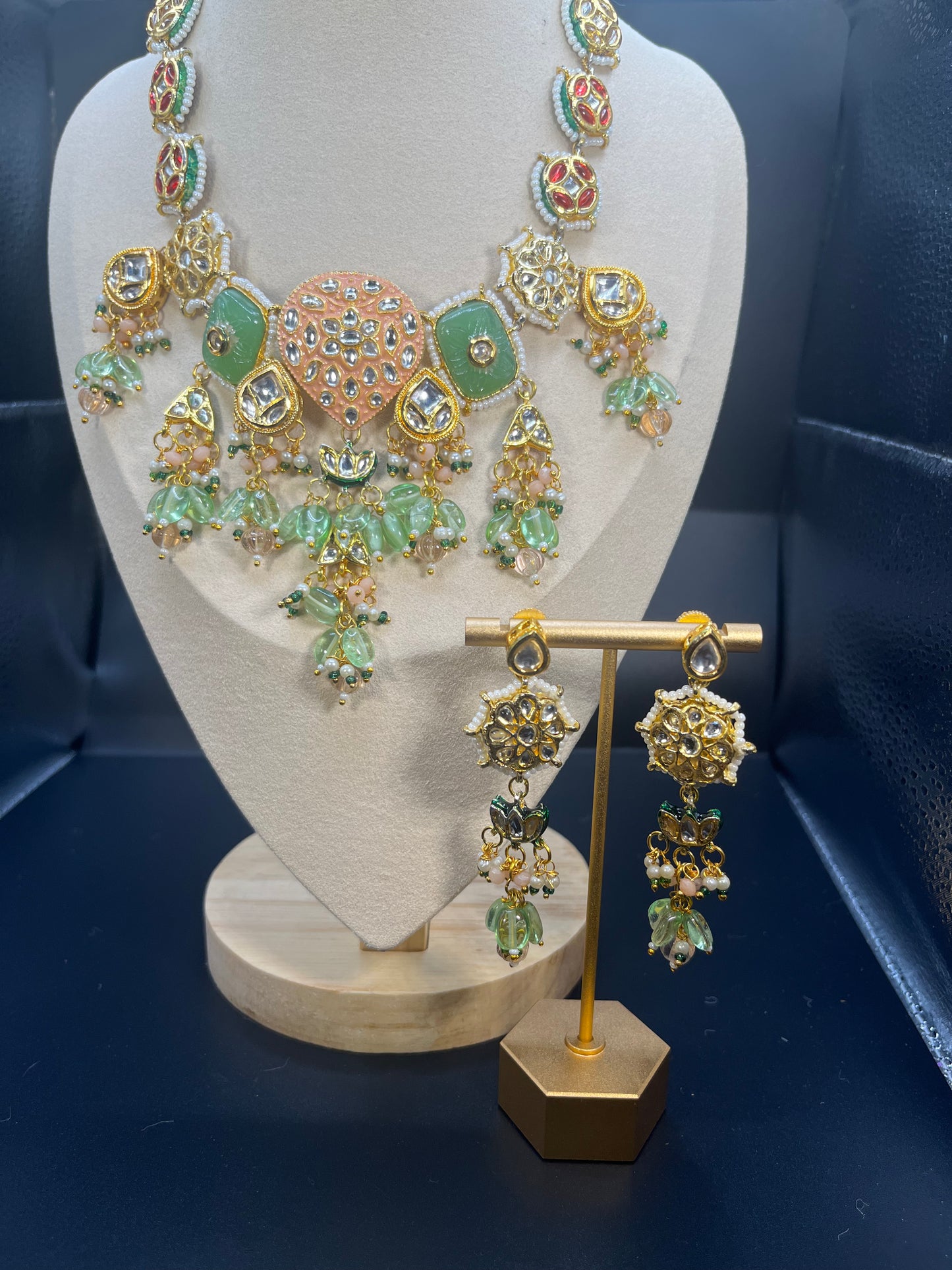 Peach mint green kundan necklace