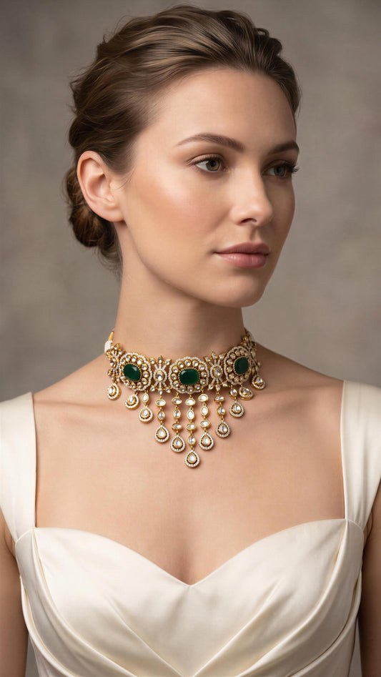 Aabha- Waterfall pattern green stone set with earrings