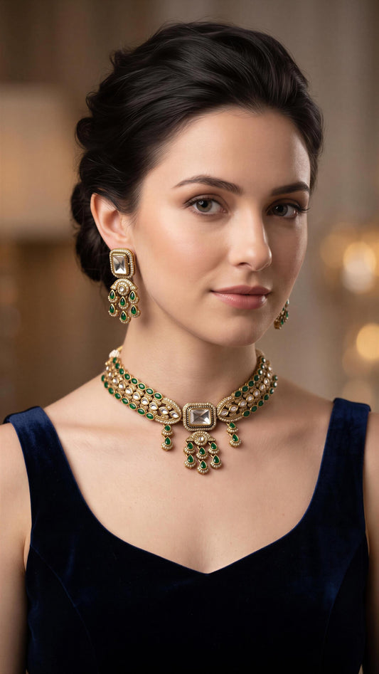 Green stone waterfall look with tikka