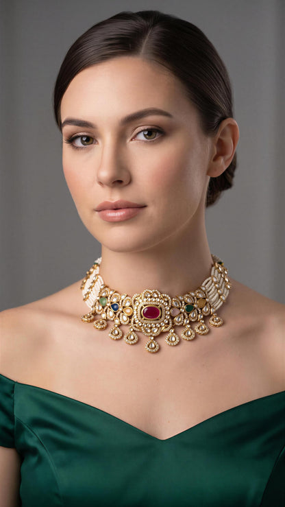 Aa001 Aabha Navratan choker with tikka