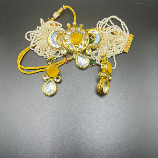 Yellow Kundan choker pearl strings